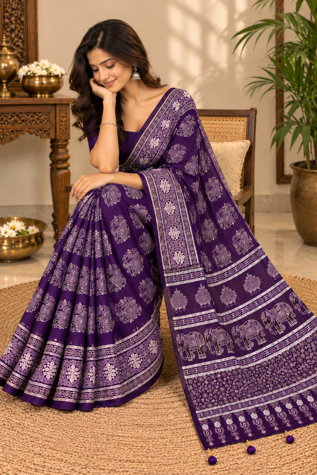 Royal Purple Ajrakh Gajji Silk Saree with Elephant Motif & Designer Pallu