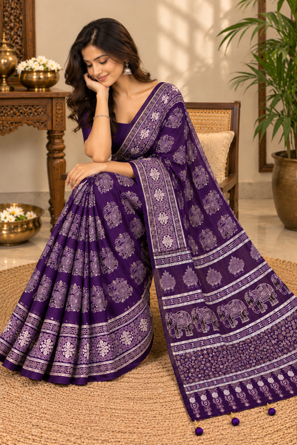 Royal Purple Ajrakh Gajji Silk Saree with Elephant Motif & Designer Pallu