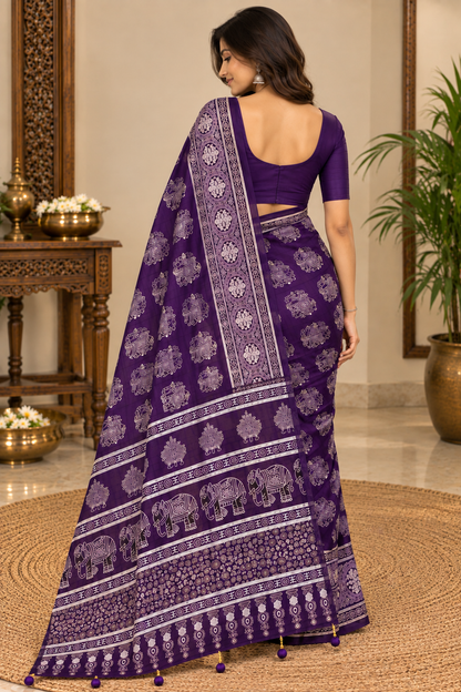 Royal Purple Ajrakh Gajji Silk Saree with Elephant Motif & Designer Pallu
