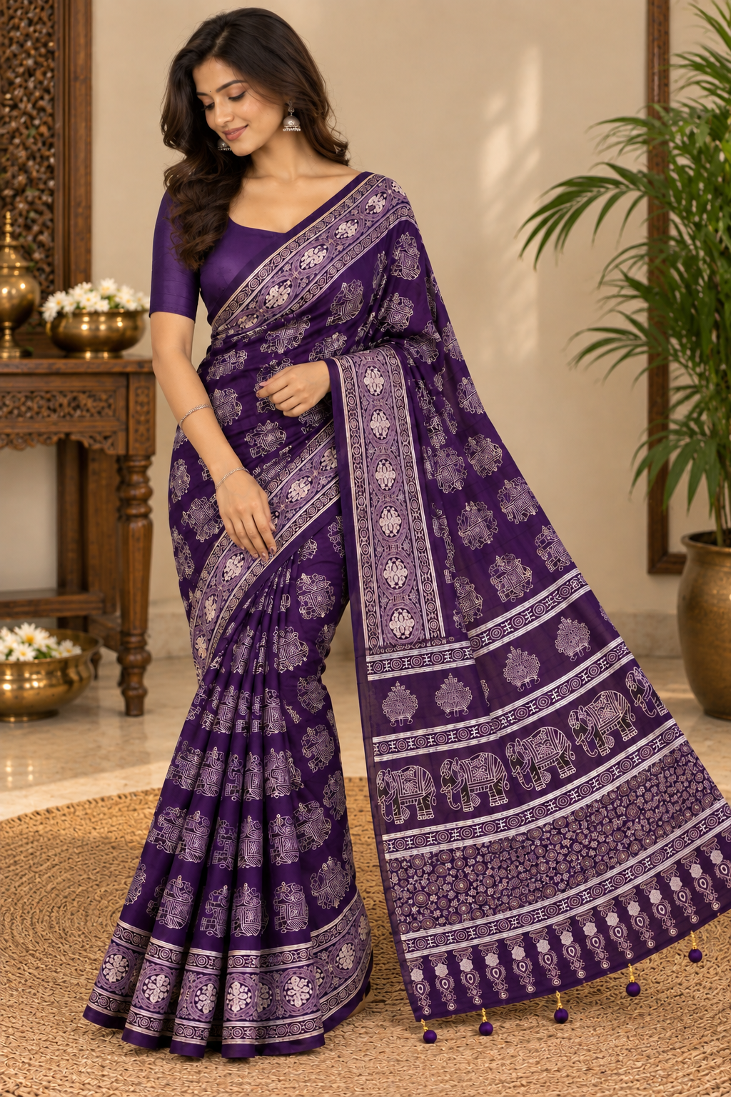 Royal Purple Ajrakh Gajji Silk Saree with Elephant Motif & Designer Pallu