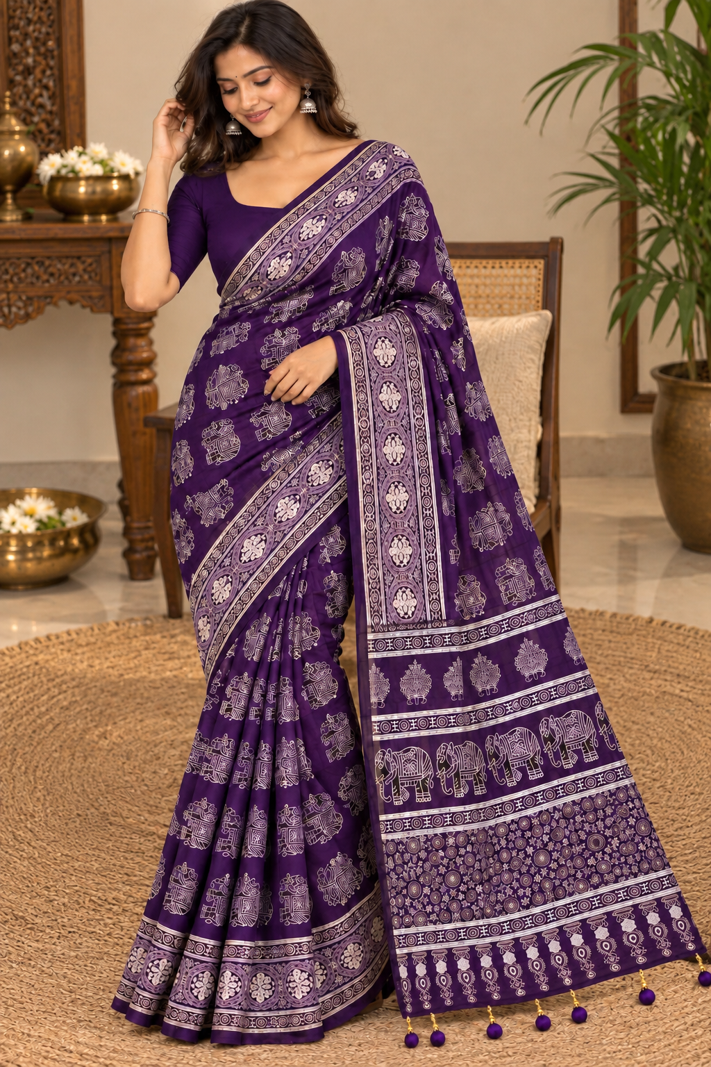 Royal Purple Ajrakh Gajji Silk Saree with Elephant Motif & Designer Pallu