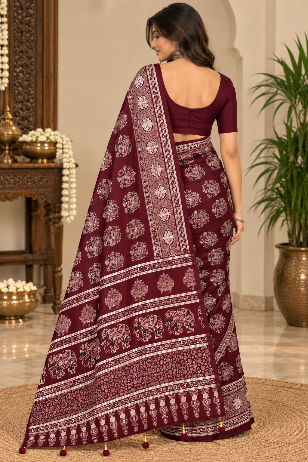 Burgundy Ajrakh Gajji Silk Saree with Elephant Motifs & Designer Pallu