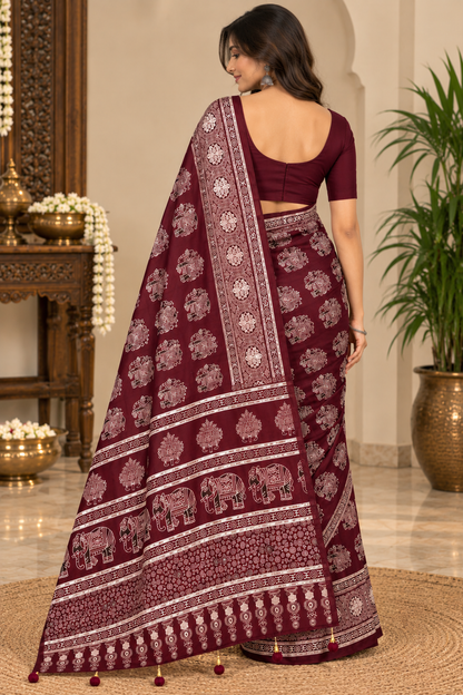 Burgundy Ajrakh Gajji Silk Saree with Elephant Motifs & Designer Pallu