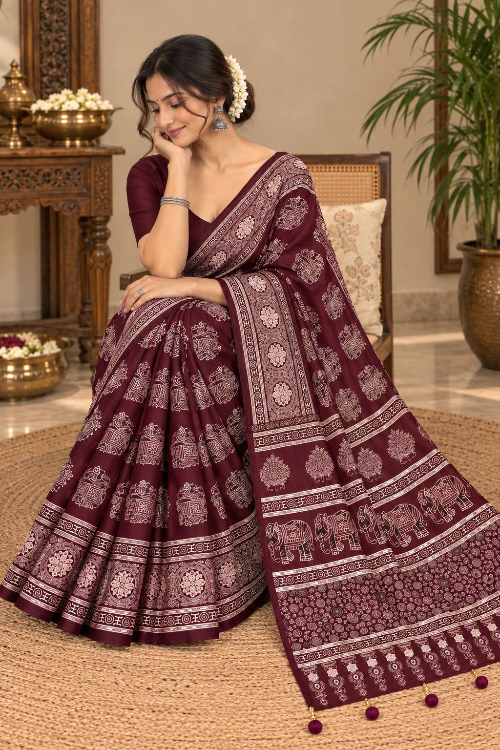 Burgundy Ajrakh Gajji Silk Saree with Elephant Motifs & Designer Pallu