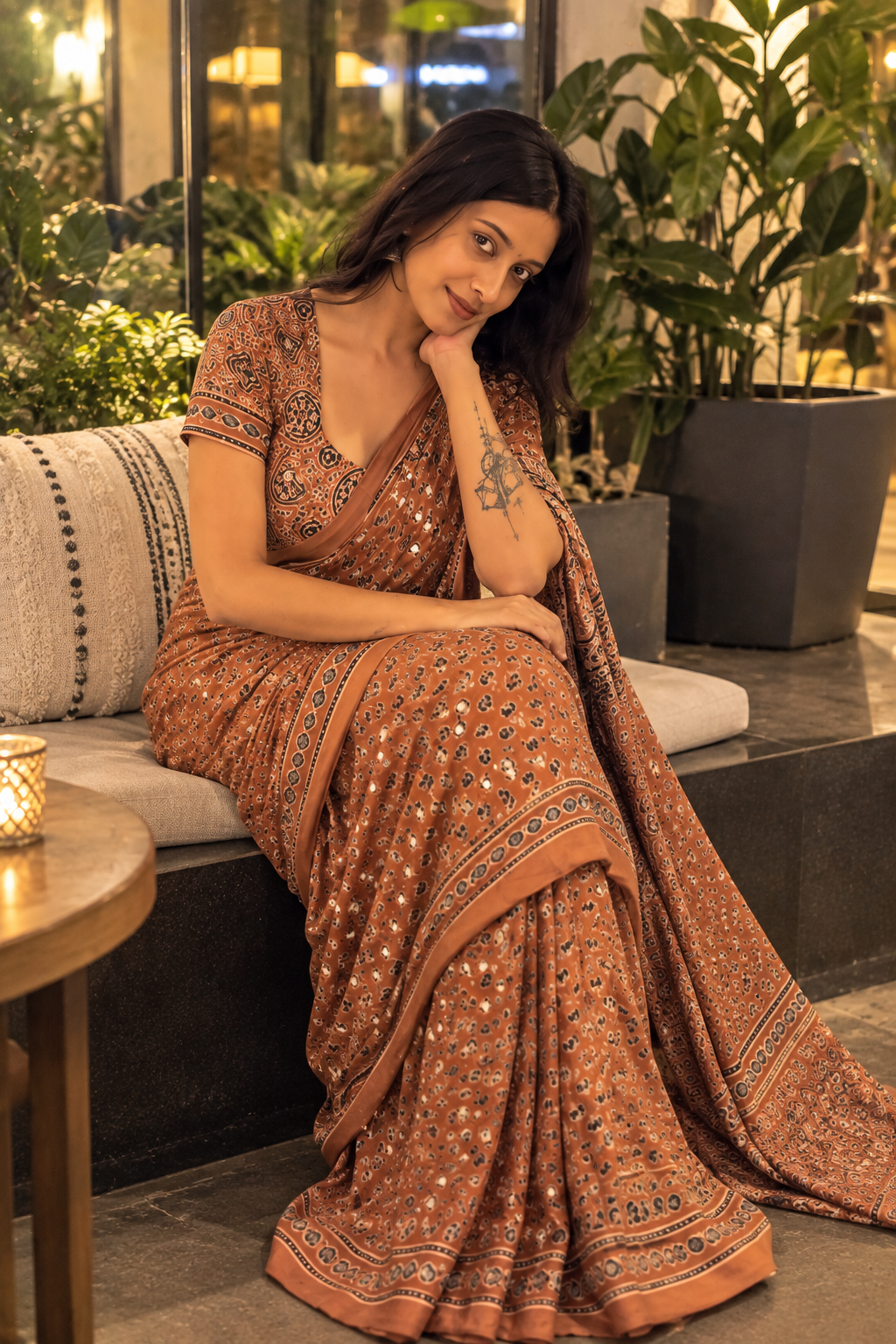 Rust Brown Ajrakh Printed Modal Silk Saree with Designer Border
