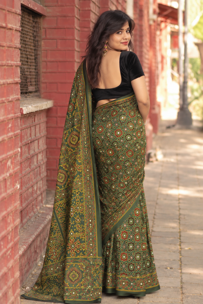 Emerald Green Ajrakh Gajji Silk Saree with Mirror Work