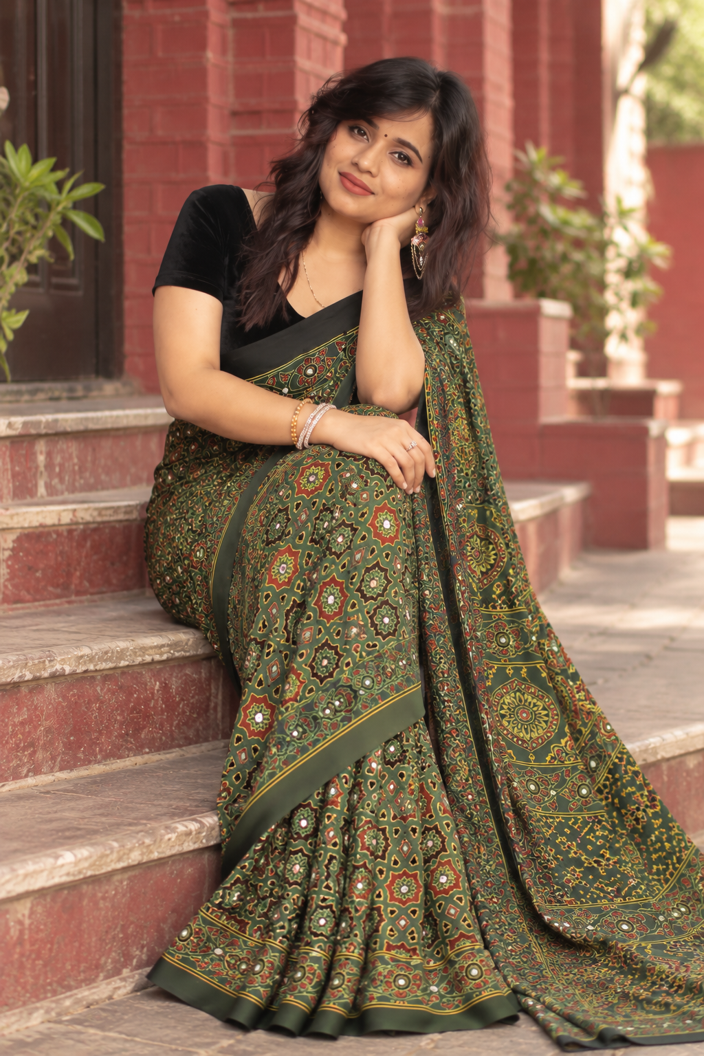 Emerald Green Ajrakh Gajji Silk Saree with Mirror Work