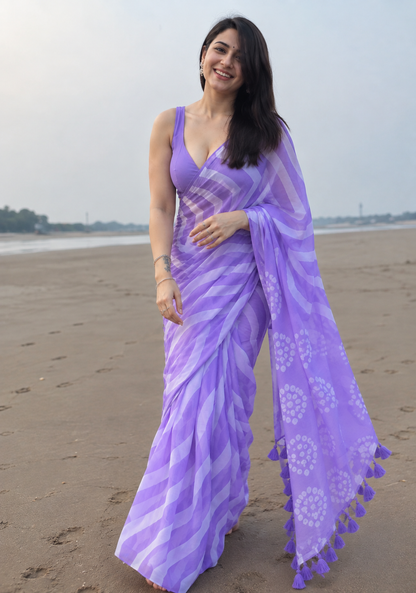 Lavender Chiffon Leheriya Saree with Floral Print & Tassel Pallu