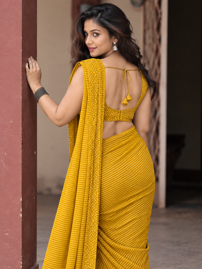 Mustard Yellow Linen Cotton Saree with Stripes & Dots