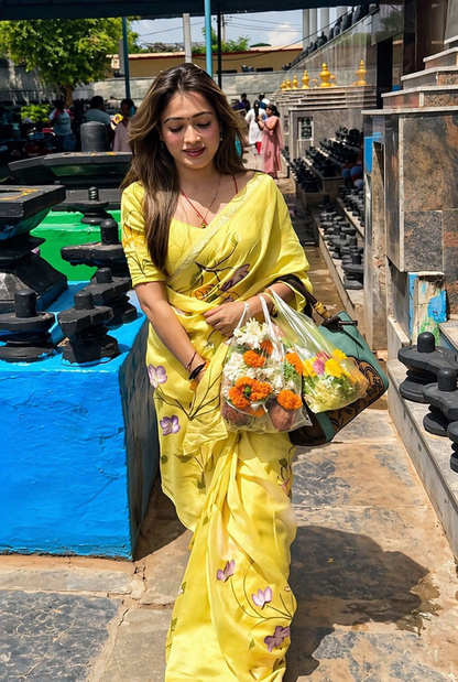Yellow Floral Linen Saree with Hand Painted Design