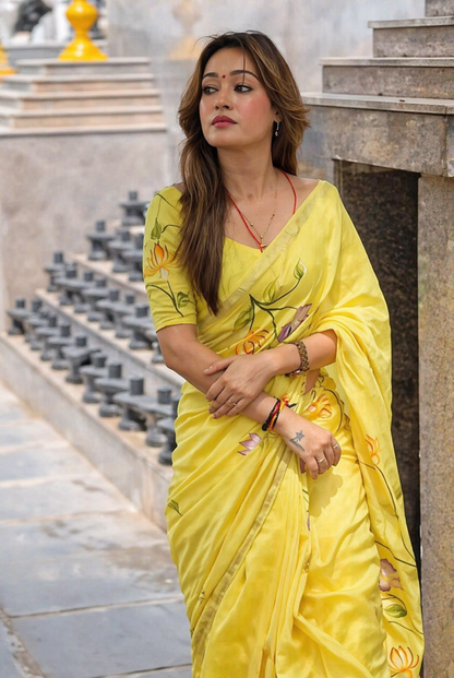 Yellow Floral Linen Saree with Hand Painted Design