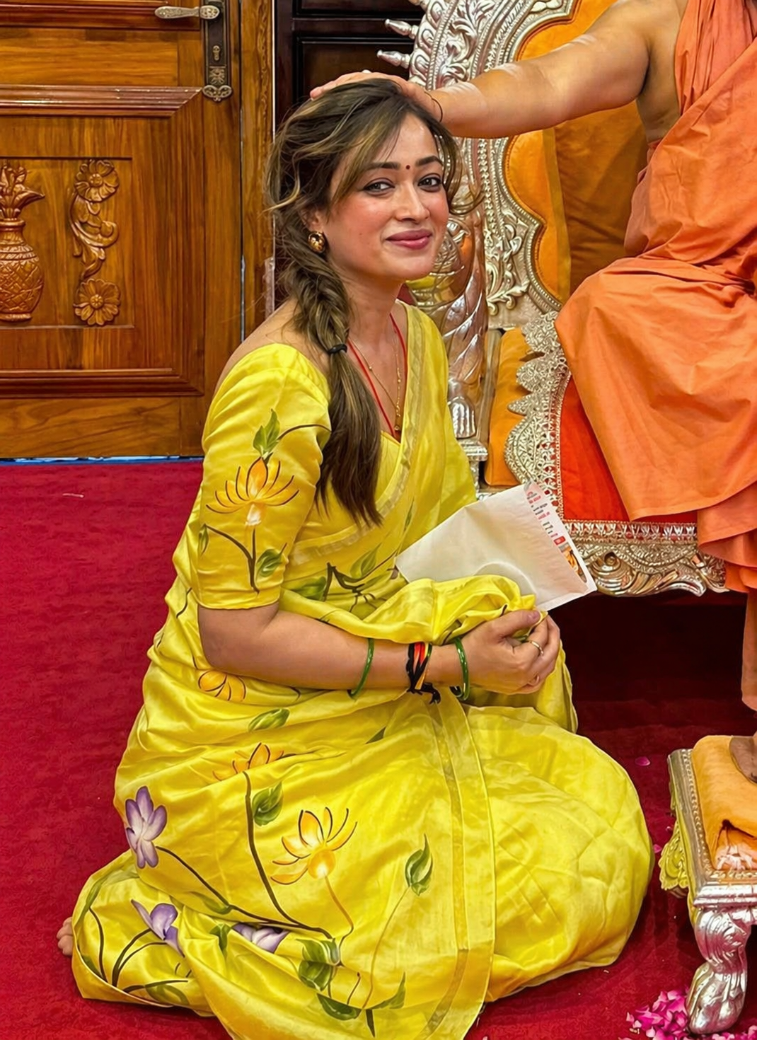 Yellow Floral Linen Saree with Hand Painted Design