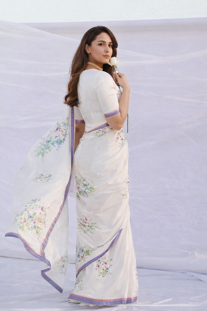 White Floral Printed Satin Saree with Blue Pink Border – Elegant Designer Party Wear Saree for Women