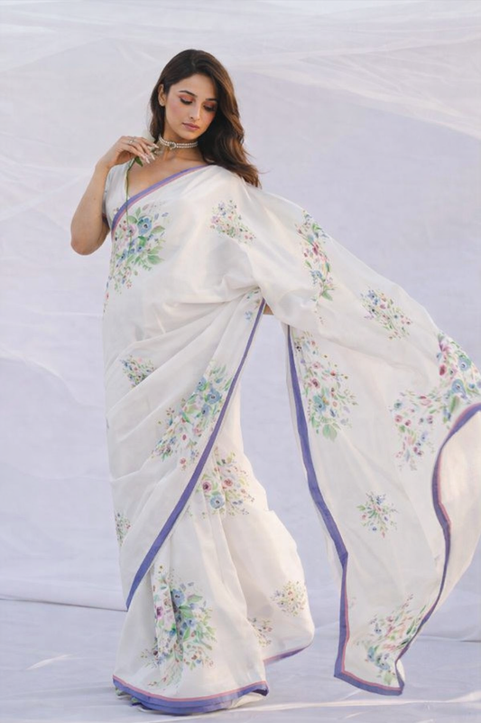 White Floral Printed Satin Saree with Blue Pink Border – Elegant Designer Party Wear Saree for Women