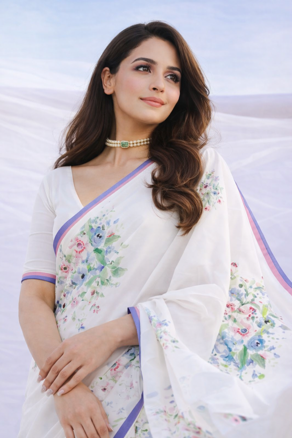White Floral Printed Satin Saree with Blue Pink Border – Elegant Designer Party Wear Saree for Women