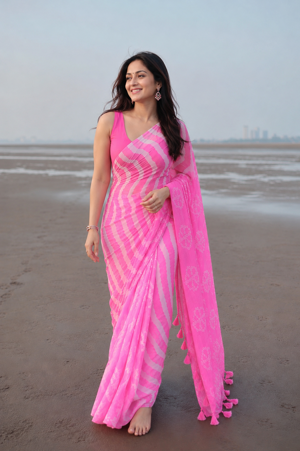 Pink Leheriya Chiffon Saree with Bandhani Pallu