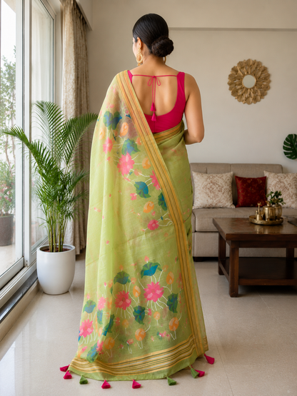 Light Green Linen Saree with Vibrant Lotus Prints