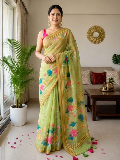 Light Green Linen Saree with Vibrant Lotus Prints