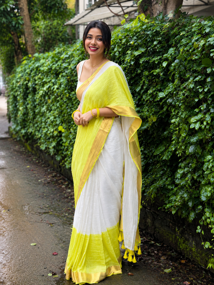 Lime Green & White Linen Saree with Golden Zari Border