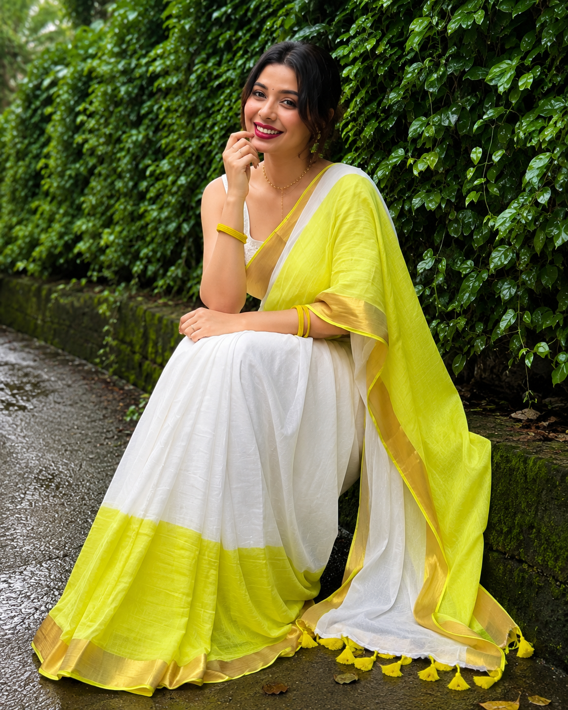 Lime Green & White Linen Saree with Golden Zari Border