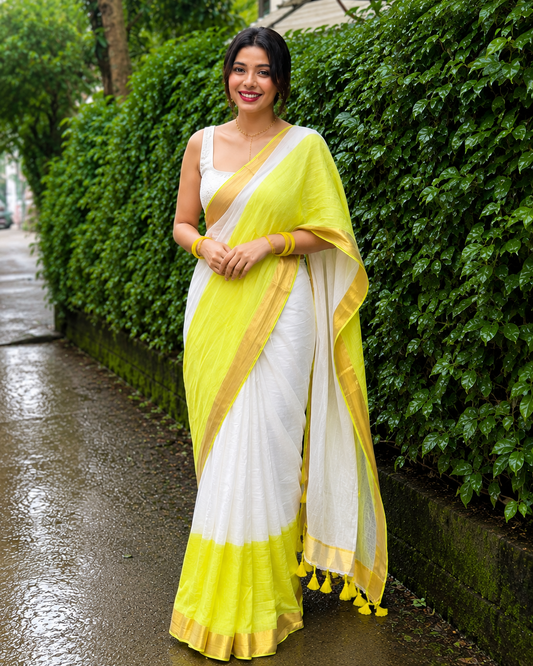 Lime Green & White Linen Saree with Golden Zari Border