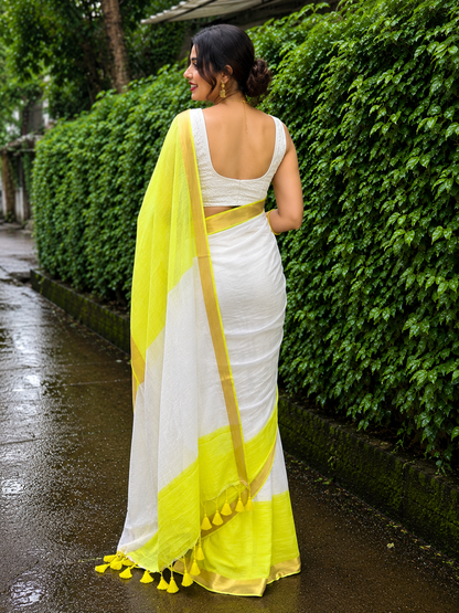 Lime Green & White Linen Saree with Golden Zari Border