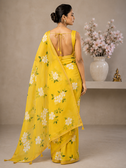 Vibrant Yellow Floral Saree with Tassel Detail