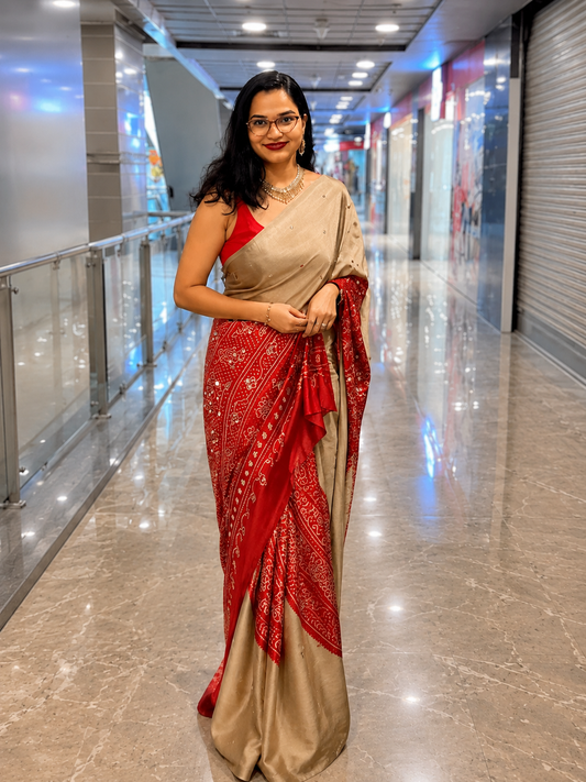 Beige Gajji Silk Saree with Red Bandhani Print Border