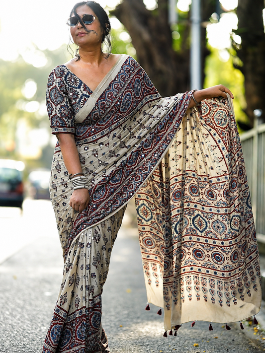 Cream Gajji Silk Premium Printed Designer Saree for Women