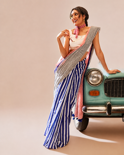 Royal Blue & Ivory Linen Saree with Striped Design