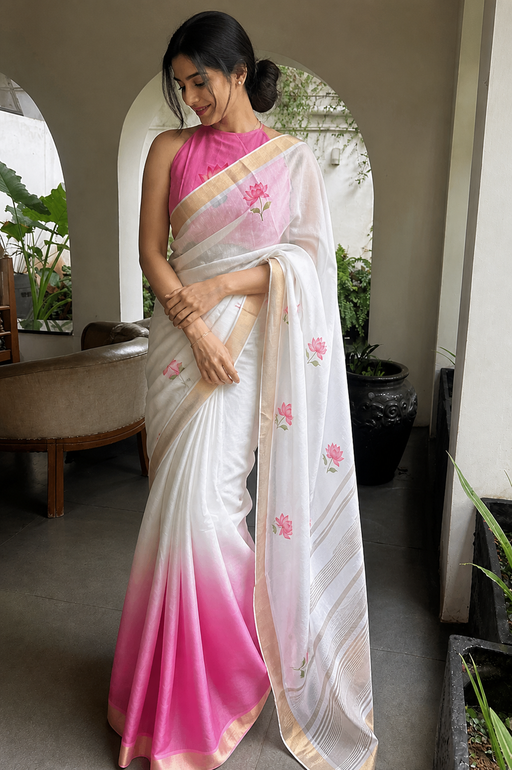 White and Pink Linen Lotus Print Ombre Saree