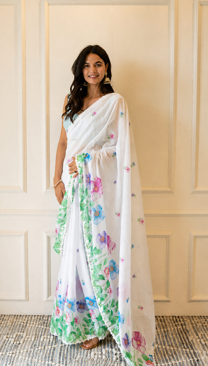 White Linen Saree with Watercolor Floral Border