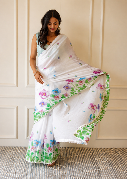 White Linen Saree with Watercolor Floral Border