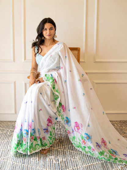 White Linen Saree with Watercolor Floral Border