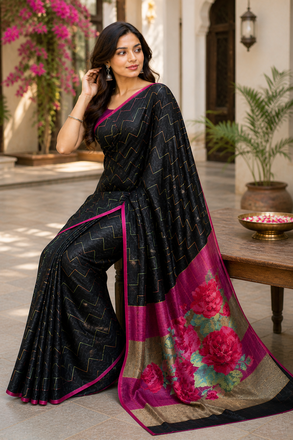 Black Premium Linen Saree with Pink Floral Border Elegant Party Wear Saree