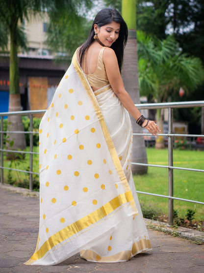 Elegant White Polka Dot Linen Saree with Golden Border