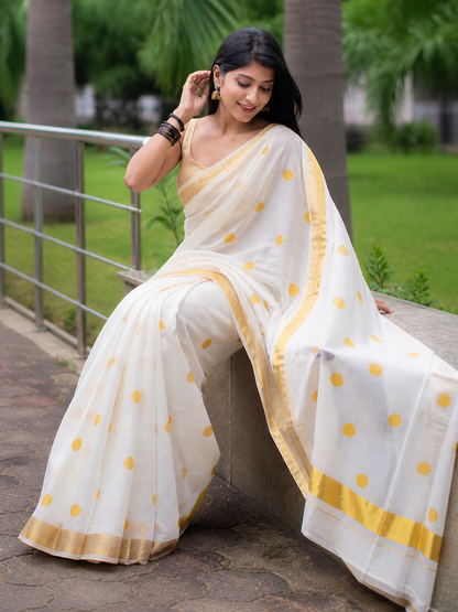 Elegant White Polka Dot Linen Saree with Golden Border