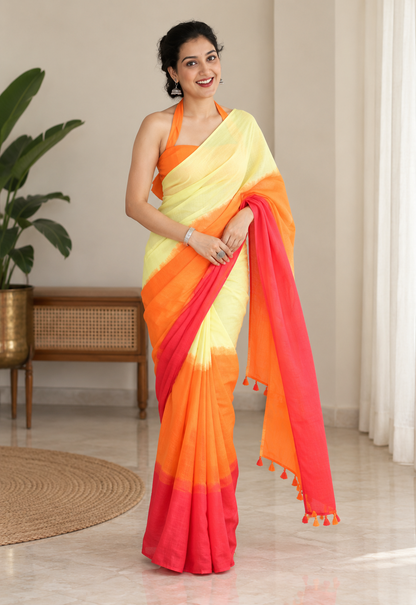 Yellow, Orange and Red Linen Tri-Tone Saree