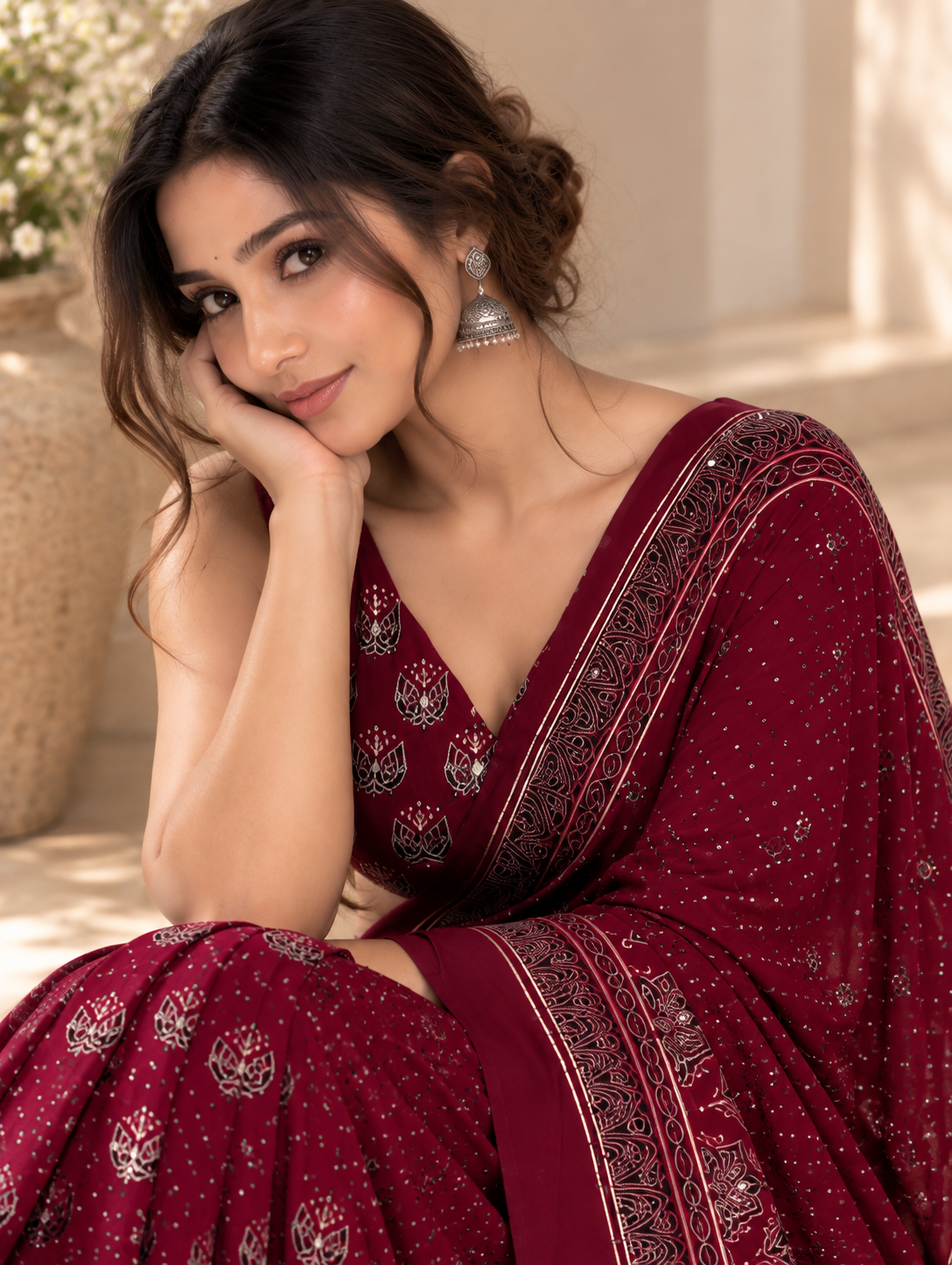 Maroon Modal Silk Ajrakh Printed Saree with Hand-Set Mirrors
