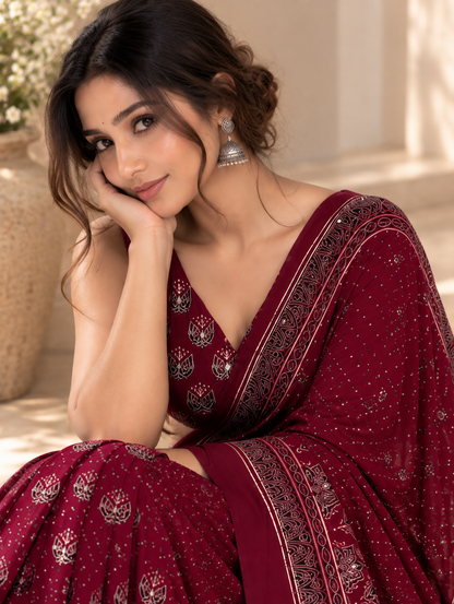 Maroon Modal Silk Ajrakh Printed Saree with Hand-Set Mirrors