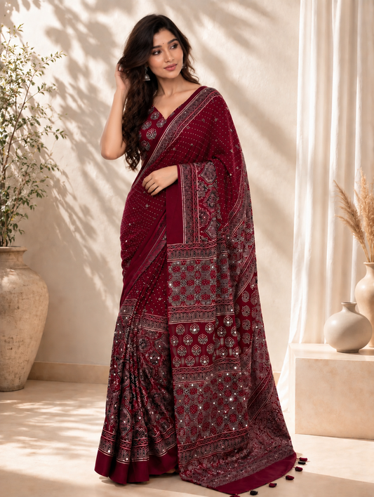 Maroon Modal Silk Ajrakh Printed Saree with Hand-Set Mirrors