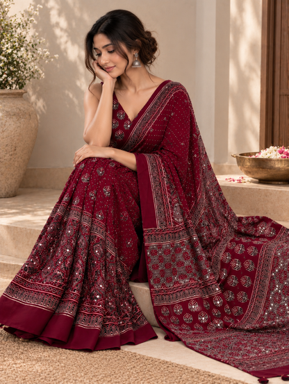 Maroon Modal Silk Ajrakh Printed Saree with Hand-Set Mirrors