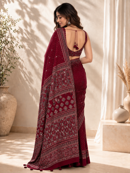 Maroon Modal Silk Ajrakh Printed Saree with Hand-Set Mirrors