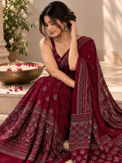 Maroon Modal Silk Ajrakh Printed Saree with Hand-Set Mirrors