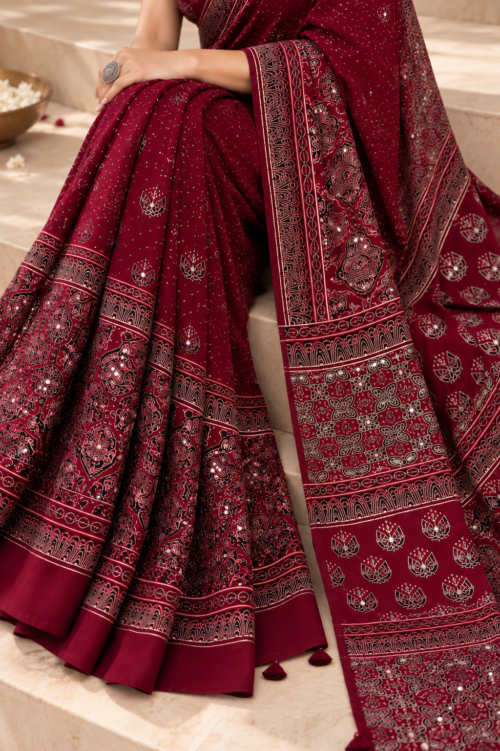 Maroon Modal Silk Ajrakh Printed Saree with Hand-Set Mirrors