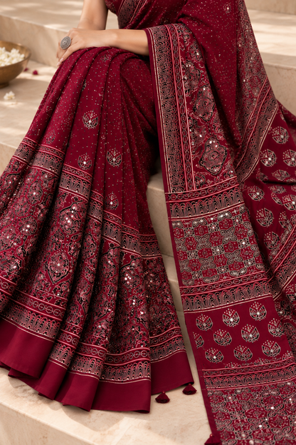 Maroon Modal Silk Ajrakh Printed Saree with Hand-Set Mirrors