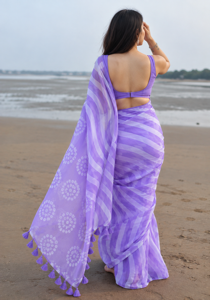 Lavender Chiffon Leheriya Saree with Floral Print & Tassel Pallu