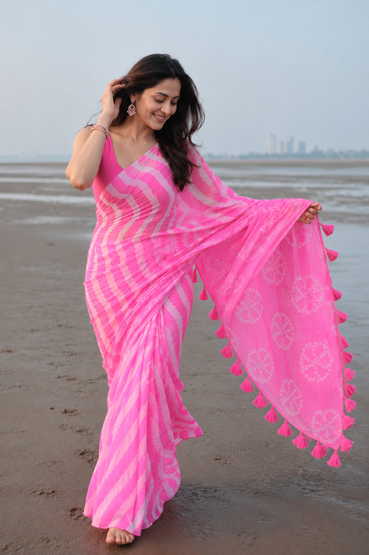 Pink Leheriya Chiffon Saree with Bandhani Pallu