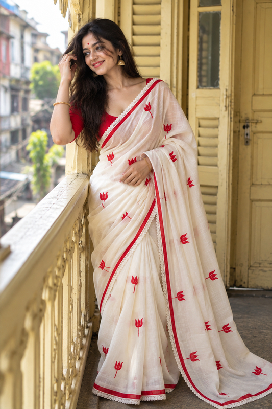 White Linen Saree with Red Tulip Print and Lace Border