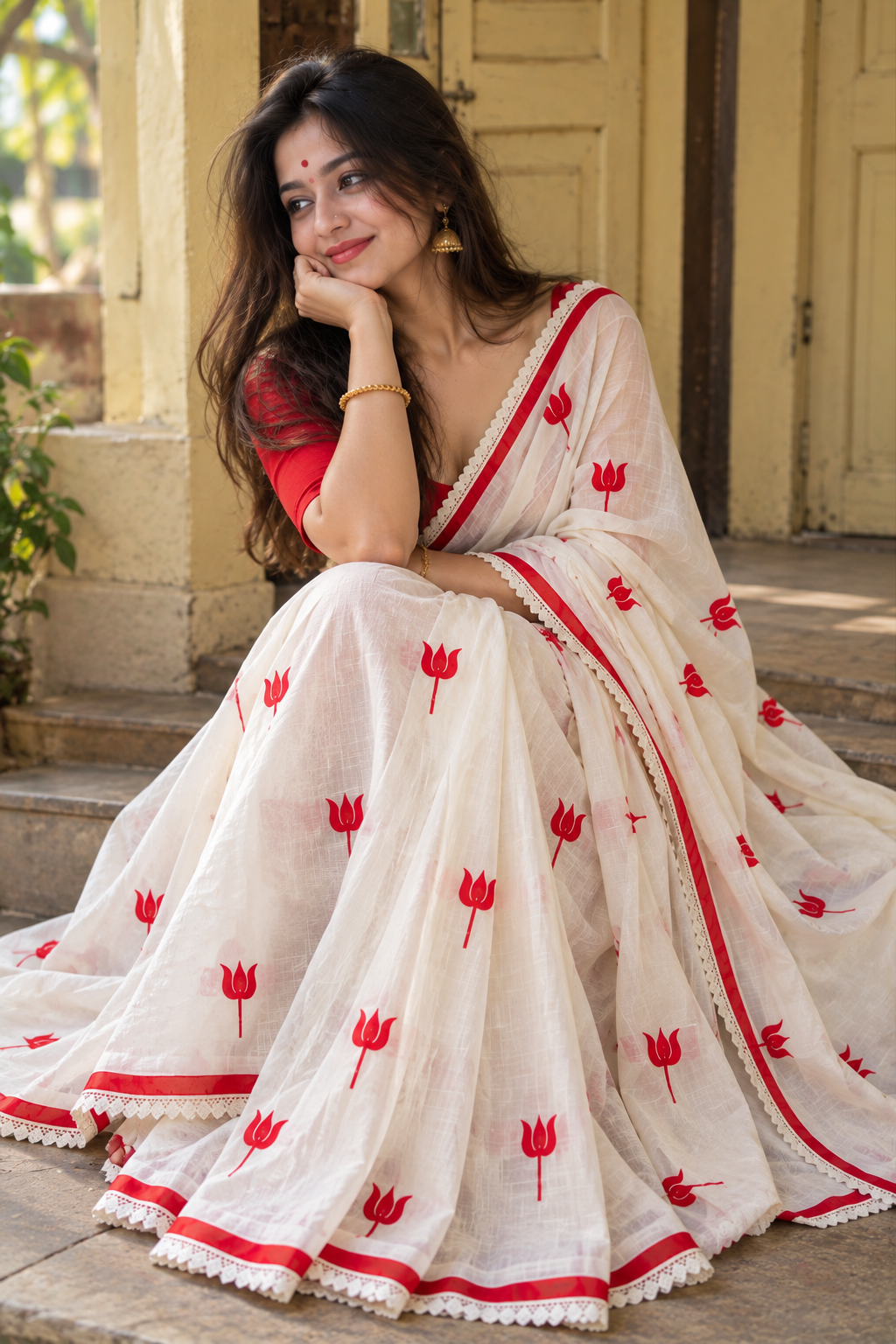 White Linen Saree with Red Tulip Print and Lace Border